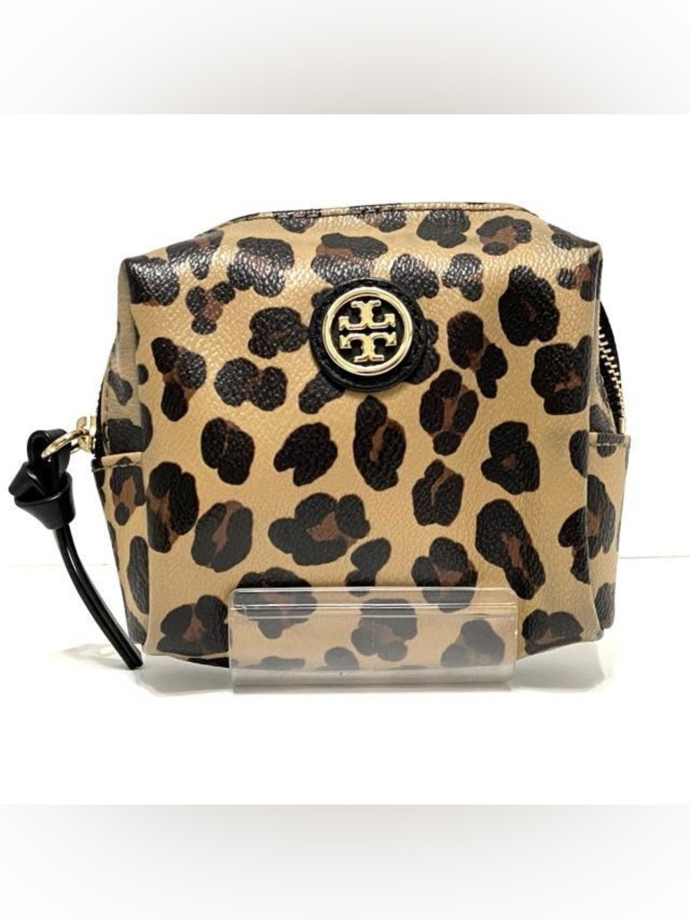 Tory Burch Leopard-Print Cosmetic Pouch in Tan and Black with Gold Logo